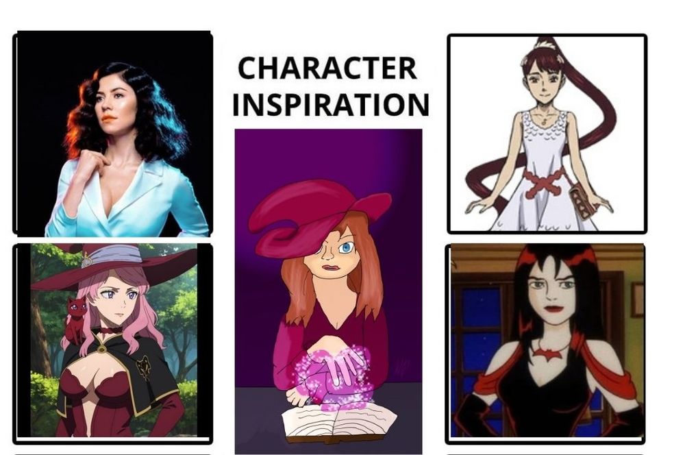 A photo of the OC inspiration board meme featuring my OC, Amelia Alecsandri. The four characters that are inspired by her are: Marina, Vanessa Enoteca ( Black Clover), Kahono ( Black Clover), Thorn (The Hex Girls).