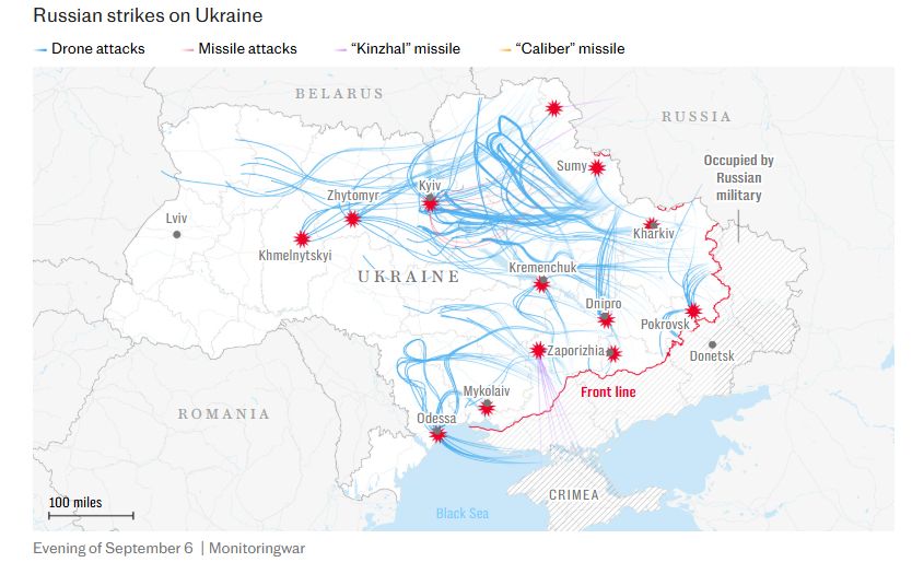 Map showing Russian strikes on Ukraine as of September 6, with paths of drone and missile attacks marked in various colors.