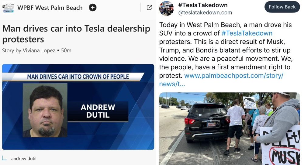 Terrorist attacks Tesla Take Down Protest, terrorist in mugshot is fat and has obese brow, half-goatee, droopy eyes