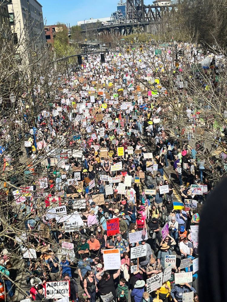 A massive crowd of protesters gathers in a public area, holding colorful signs advocating for democracy and social justice.