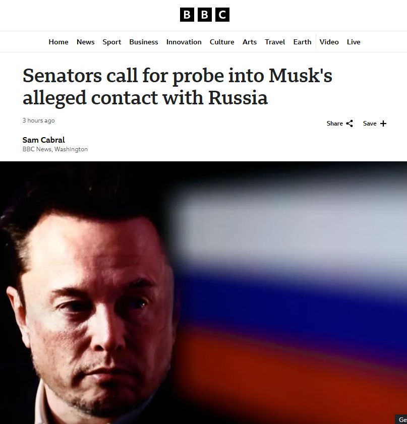 Headline, Oligarch Elon Musk standing Infront of Russian flag, blank dumb expression.