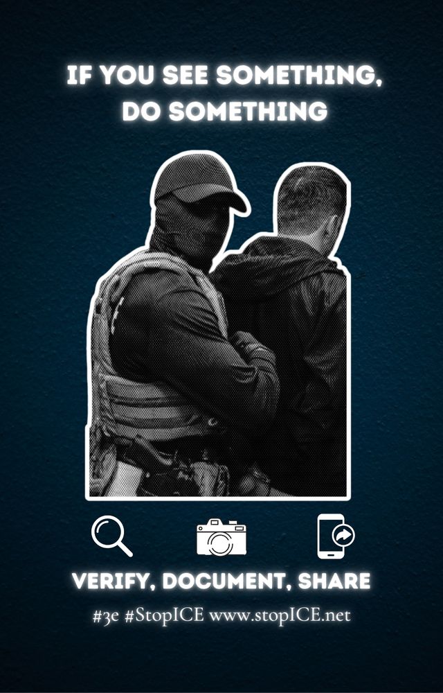 A masked terrorist in tactical gear stands behind another person, with text urging viewers to verify, document, and share observations.