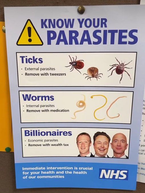 A poster titled "Know Your Parasites" with sections on ticks, worms, and billionaires, detailing removal methods and health warnings.