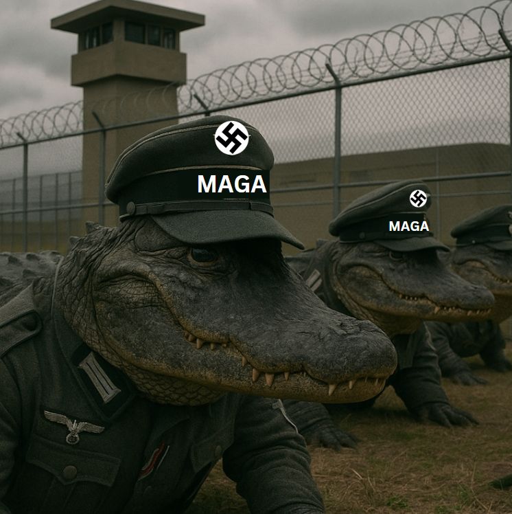 Trump White House ai image reversed to represent true nature, Alligators dresses as Nazis infront of a US concentration camp. Fence and barbwire.