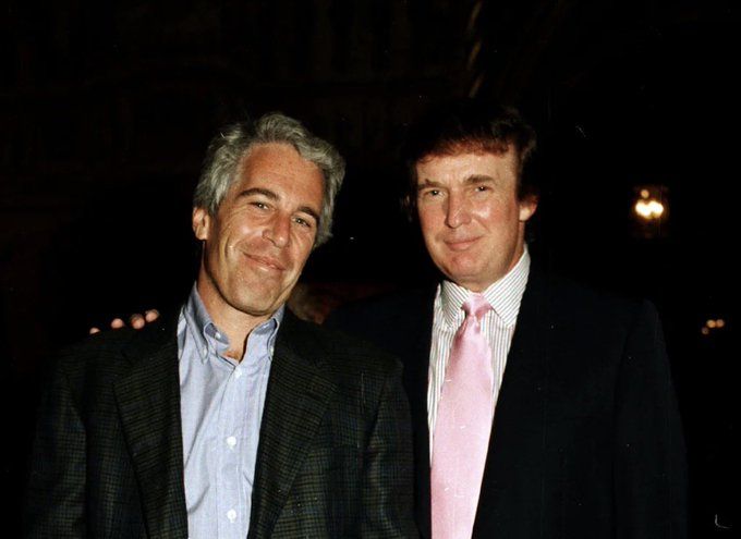 Donald Trump with his best friend Jeffrey Epstein, smiling at a camera