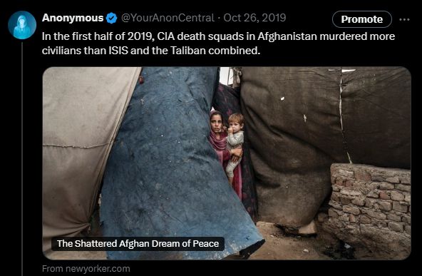 In the first half of 2019, CIA death squads in Afghanistan murdered more civilians than ISIS and the Taliban combined. 