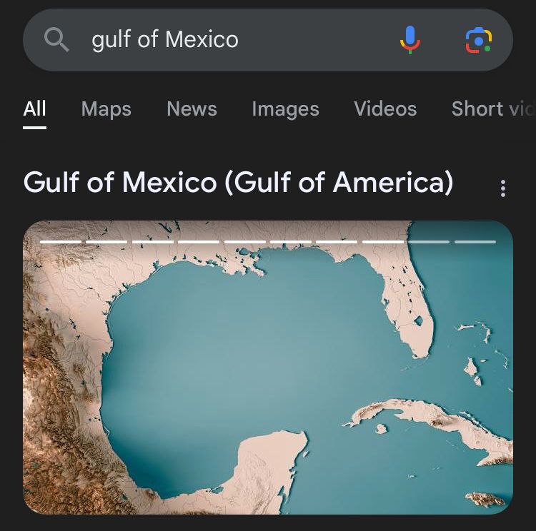 Google image search for the Gulf of Mexico outside of the US says Gulf of Mexico (Gulf of America)
