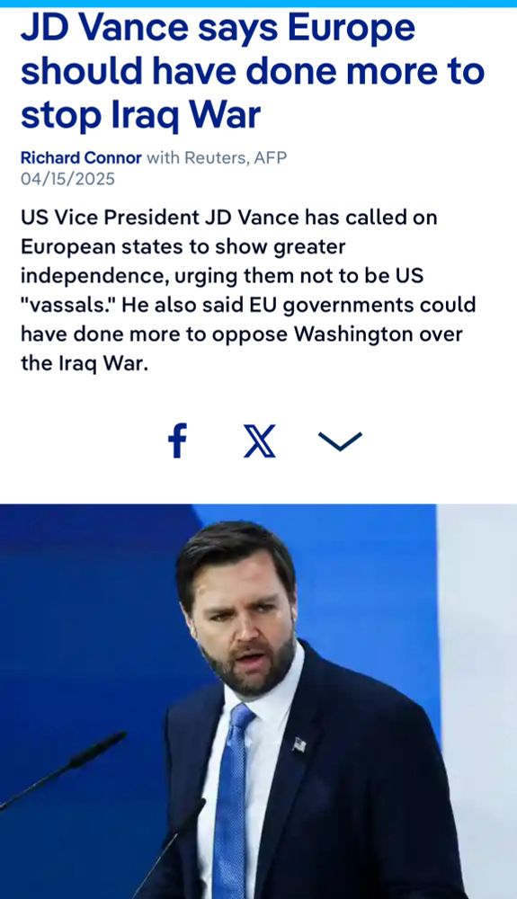 JD Vance says Europe should have done more to stop Iraq War
Richard Connor with Reuters, AFP
04/15/2025
US Vice President JD Vance has called on European states to show greater independence, urging them not to be US
"vassals." He also said EU governments could have done more to oppose Washington over the Iraq War.