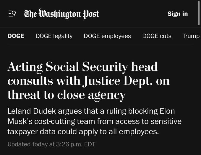 Acting Social Security head consults with Justice Dept. on threat to close agency
Leland Dudek argues that a ruling blocking Elon Musk's cost-cutting team from access to sensitive taxpayer data could apply to all employees.