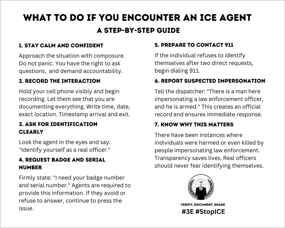 WHAT TO DO IF YOU ENCOUNTER AN ICE AGENT A STEP-BY-STEP GUIDE 1. STAY CALM AND CONFIDENT Approach the situation with composure. Do not panic. You have the right to ask questions, and demand accountability. 2. RECORD THE INTERACTION Hold your cell phone visibly and begin recording. Let them see that you are documenting everything. Write time, date, exact location. Timestamp arrival and exit. 3. ASK FOR IDENTIFICATION CLEARLY Look the agent in the eyes and say: 