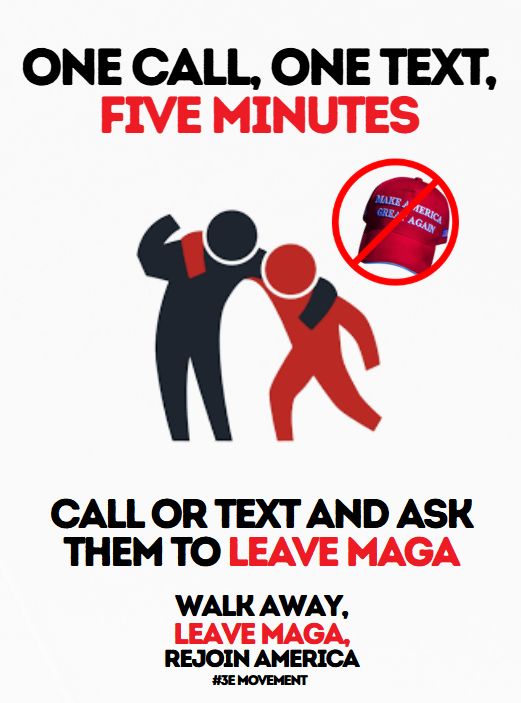 A graphic promoting the message to call or text someone to leave the MAGA movement, featuring illustrations and a red hat with 