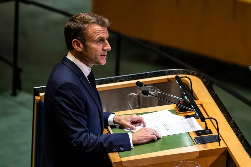 Emmanuel Macron delivering remarks at the United Nations General Assembly in New York City last year. Mr. Macron said that he would formally announce France’s recognition of Palestinian statehood at the United Nations General Assembly in September in New York. Credit...Dave Sanders for The New York Times