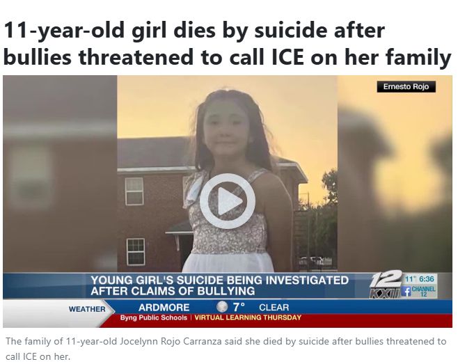 A news report highlights the tragic suicide of an 11-year-old girl, attributed to bullying threats against her family.


