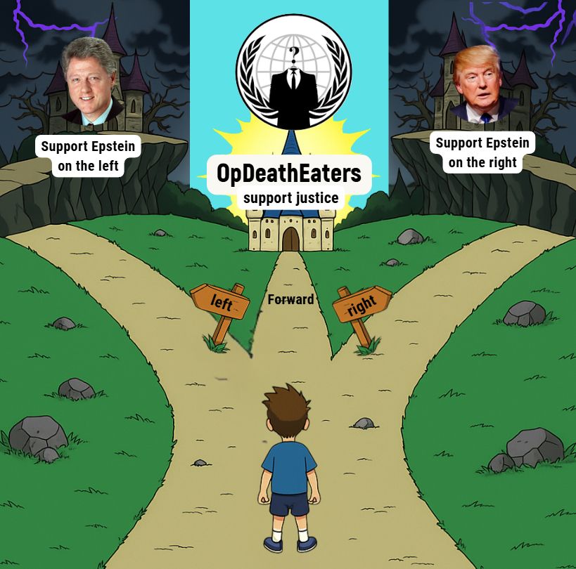 A cartoon boy stands at a fork in a path, with signs labeled "left" and "right" leading to opposing but the same choices about supporting Epstein.