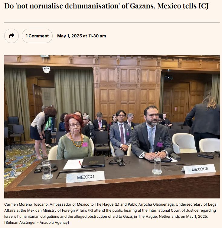 Carmen Moreno Toscano, Ambassador of Mexico to The Hague (L) and Pablo Arrocha Olabuenaga, Undersecretary of Legal Affairs at the Mexican Ministry of Foreign Affairs (R) attend the public hearing at the International Court of Justice regarding Israel’s humanitarian obligations and the alleged obstruction of aid to Gaza, in The Hague, Netherlands on May 1, 2025. [Selman Aksünger – Anadolu Agency] https://www.middleeastmonitor.com/20250501-do-not-normalise-dehumanisation-of-gazans-mexico-tells-icj/