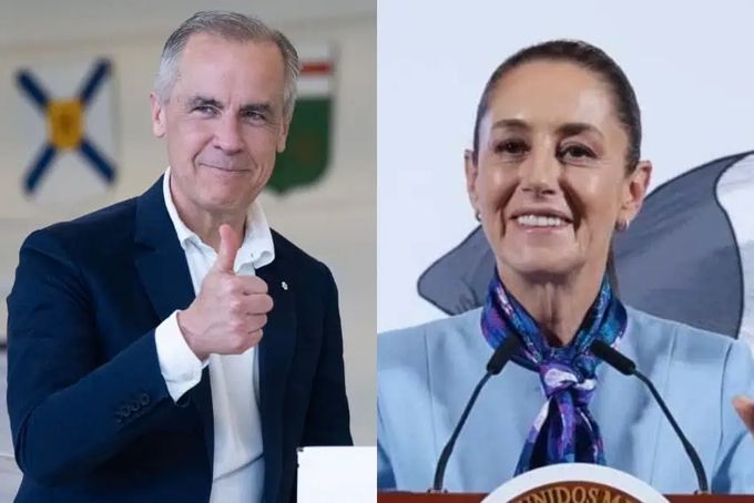 Canada PM Carney in a dark blazer gives a thumbs up while a Mexico President Sheinbaum in a pale blue outfit speaks at a podium, both set against neutral backgrounds.