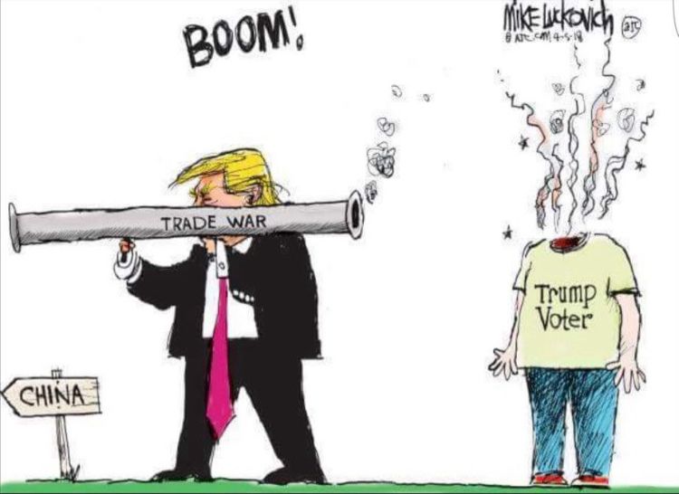 Cartoon of orange Hitler holding a cannon labelled “trade war“ pointing at China, but the explosion comes out the back and hits his voters