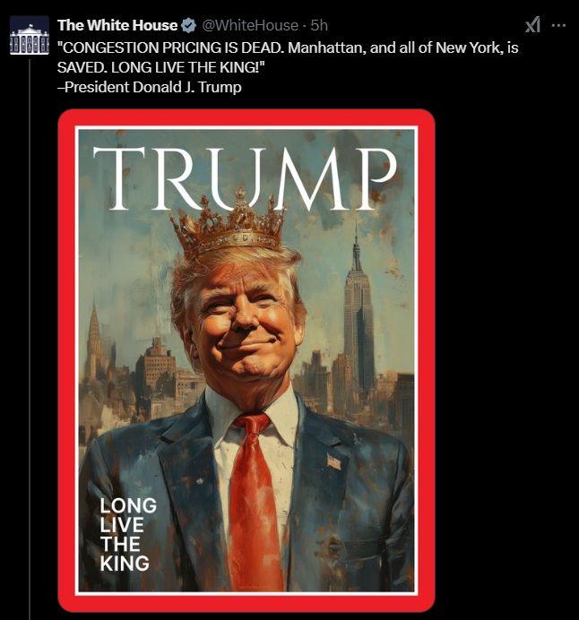 Artwork featuring Donald Trump in a suit and crown, with a city skyline in the background and the text "LONG LIVE THE KING."