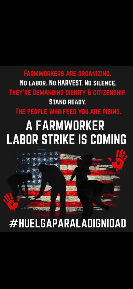 FARMWORKERS ARE ORGANIZING.
NO LABOR. NO HARVEST. NO SILENCE.
THEY'RE DEMANDING DIGNITY & CITIZENSHIP.
STAND READY.
THE PEOPLE WHO FEED YOU ARE RISING.
A FARMWORKER
LABOR STRIKE IS COMING
#HUELGAPARALADIGNIDAD