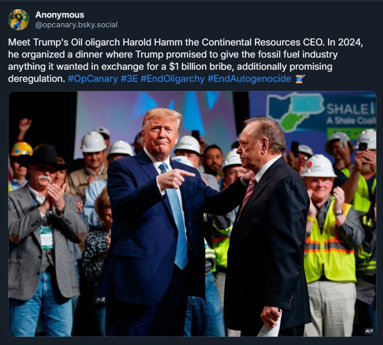 A group of supporters applauds as two men shake hands on stage at a fossil fuel industry event, with a colorful background display.

