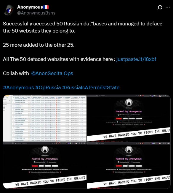 Screenshots showing websites defaced by Anonymous, featuring the message "Hacked by Anonymous" and a list of impacted databases.