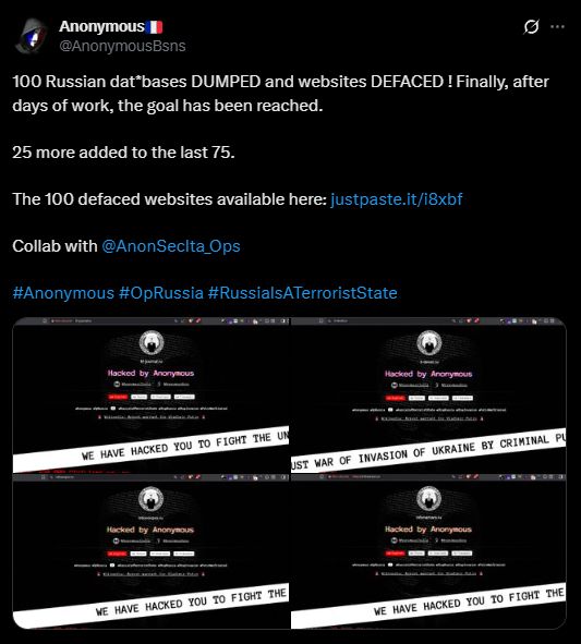 100 hacks challenge completed by Anonymous under #OpRussia