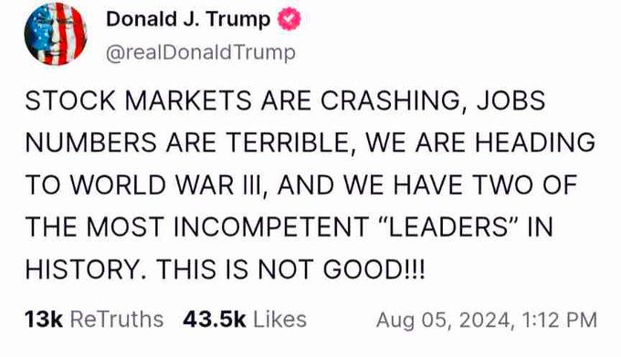 STOCK MARKETS ARE CRASHING, JOBS NUMBERS ARE TERRIBLE, WE ARE HEADING TO WORLD WAR III, AND WE HAVE TWO OF THE MOST INCOMPETENT "LEADERS" IN HISTORY. THIS IS NOT GOOD!!!