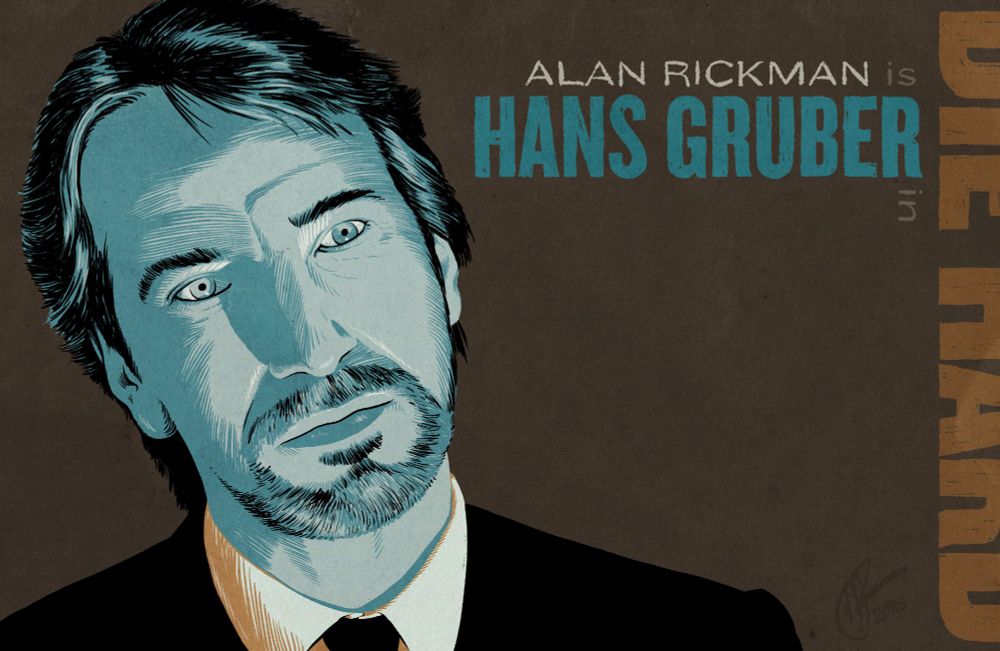 Illustration of Alan Rickman as Hans Gruber in Die Hard