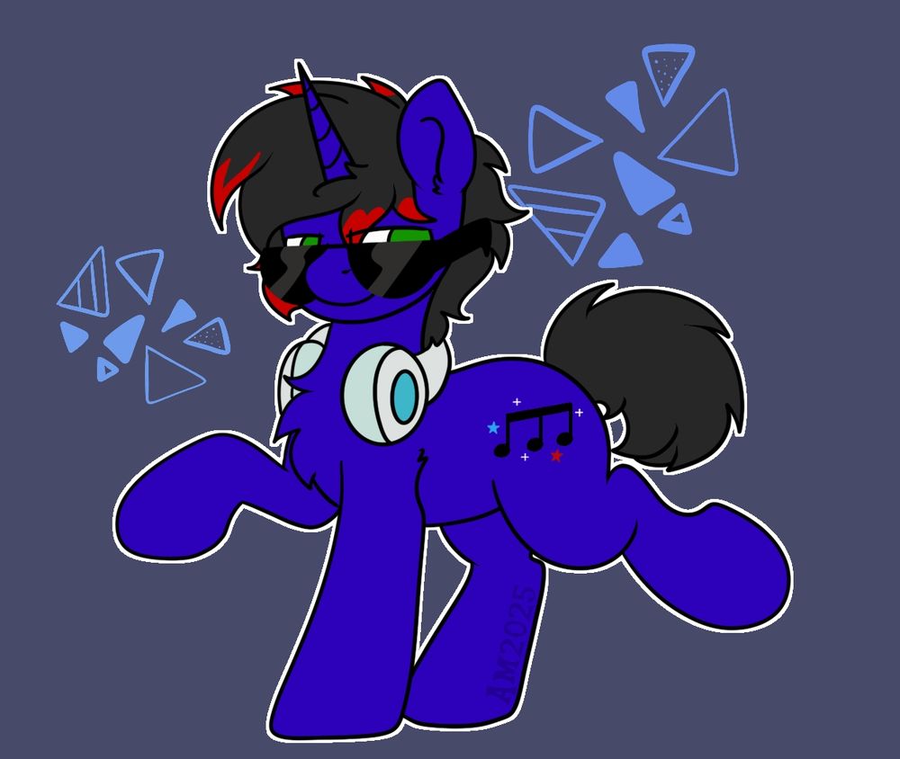 drawing of Midnight Riff, a dark purple male unicorn with black hair with red highlights. wearing cool shades with white and blue headphones
