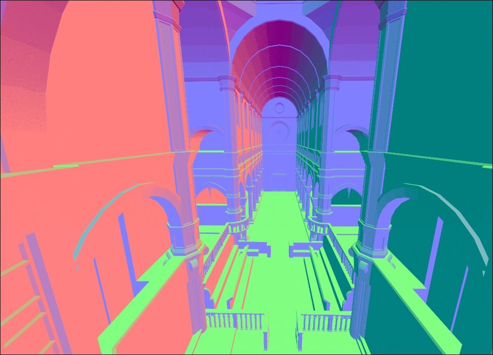 A realistic Voxel rendering, based on a Sparse Voxel Octree Directed Acyclic Graph. The pathtracer is rendering the voxel normals of the scene.