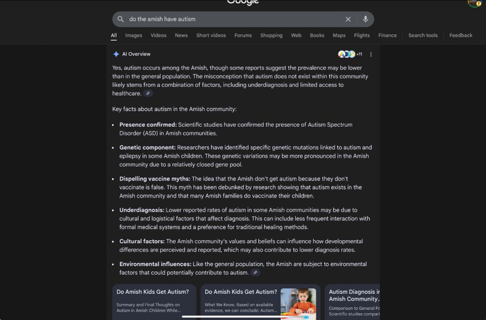 Screenshot of Google result, indicating there is autism in the Amish community and several reasons why it is under reported, proving Trump is a lying sack of shit