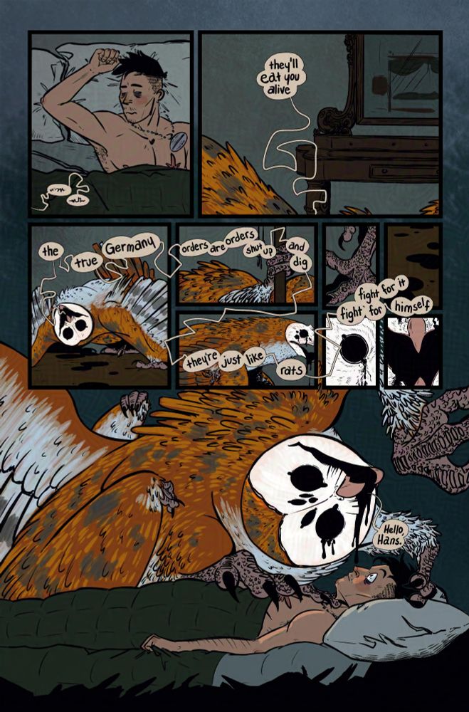 A comic page from HANS VOGEL IS DEAD. Hans lies on a sumptuous palace bed rigid in terror as a monstrous owl-like creature crawls across the room toward him, spewing black bile and mocking words from his past life.