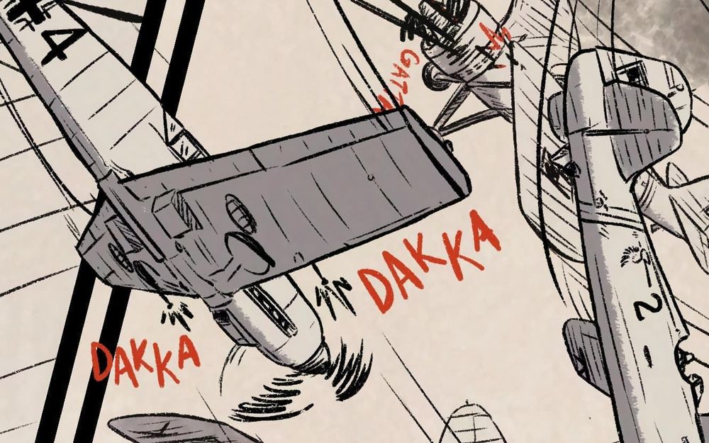 an out of context comic panel from HANS VOGEL IS DEAD. German and Polish planes engage in a dogfight.
