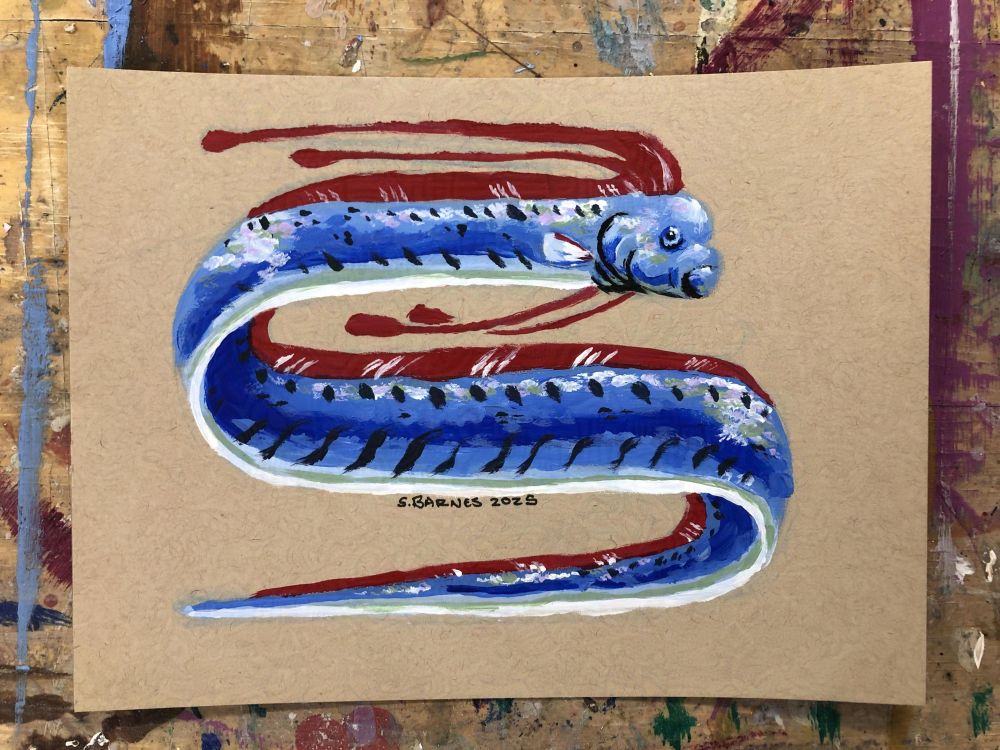 A stylized painting of an oarfish, done on tan paper.