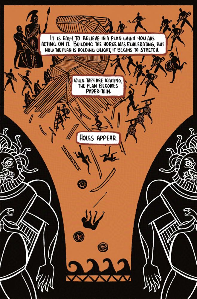 a comic page from ANKHO. Stylized after Ancient Greek black-figure pottery, it depicts the building of the Trojan Horse, until Odysseus begins to doubt his plan and the figures fall between to grimacing gorgons into stylized waves.