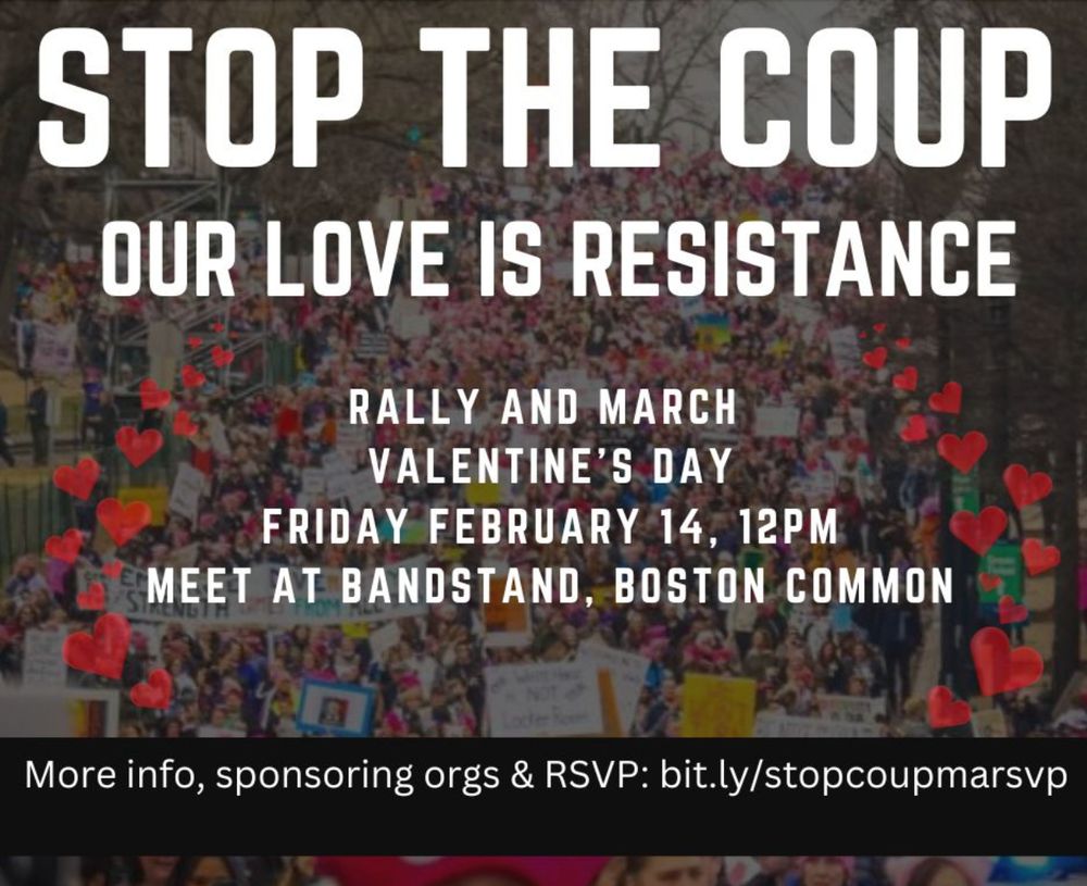 Graphic with details for the Stop the Coup rally on the Boston Common, Friday, February 14 at noon. Details at bit.ly/stopcoupmarsvp