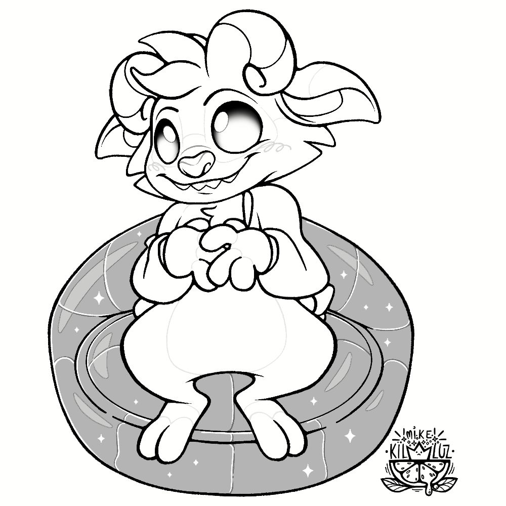 Artfight lineart drawing of a small alien sitting on an inflatable charity. The aliens design is based on lilo & stitch aliens, specifically jumba's experiments, and resembles a ram.

#artfight #alien #lilo&stitch #creature #experiment #creachur
