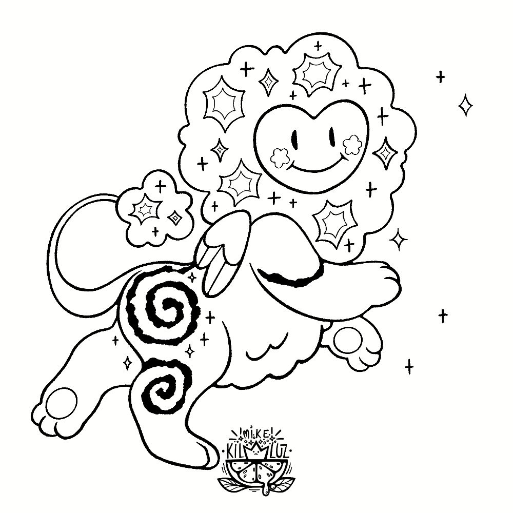 Smiling (mask-like) lion-adjacent fluffy creature with wings and sparkles and little paws.

#artfight #attack #creature #sphinx #chimera (?)