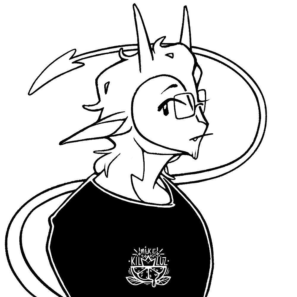 Lineart bust of a glasses-wearing long-eared horned character side-eyeing the camera

#demon #artfight