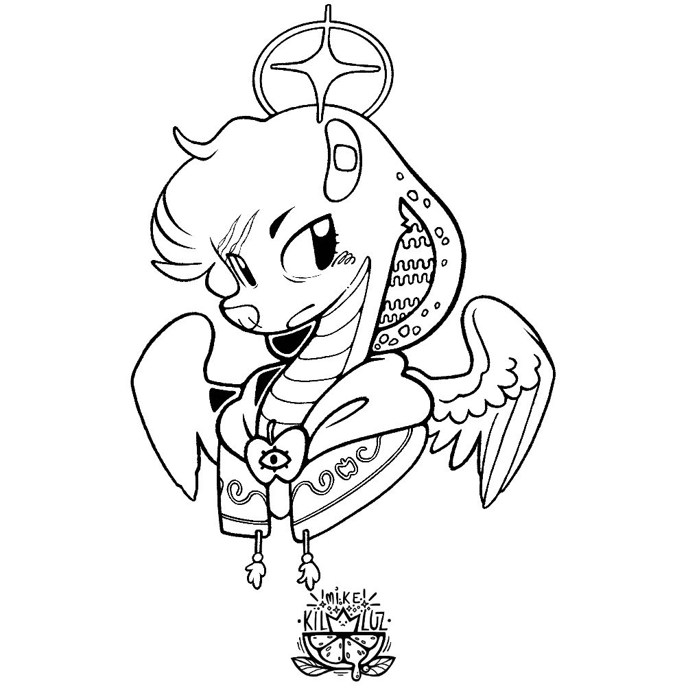 Artfight attack lineart bust drawing of a winged snake with a halo and a short cape. The cape has an apple with an eye pin.

#artfight #attack #snake #angel #halo #hognose #apple #luo #samael type vibe lol