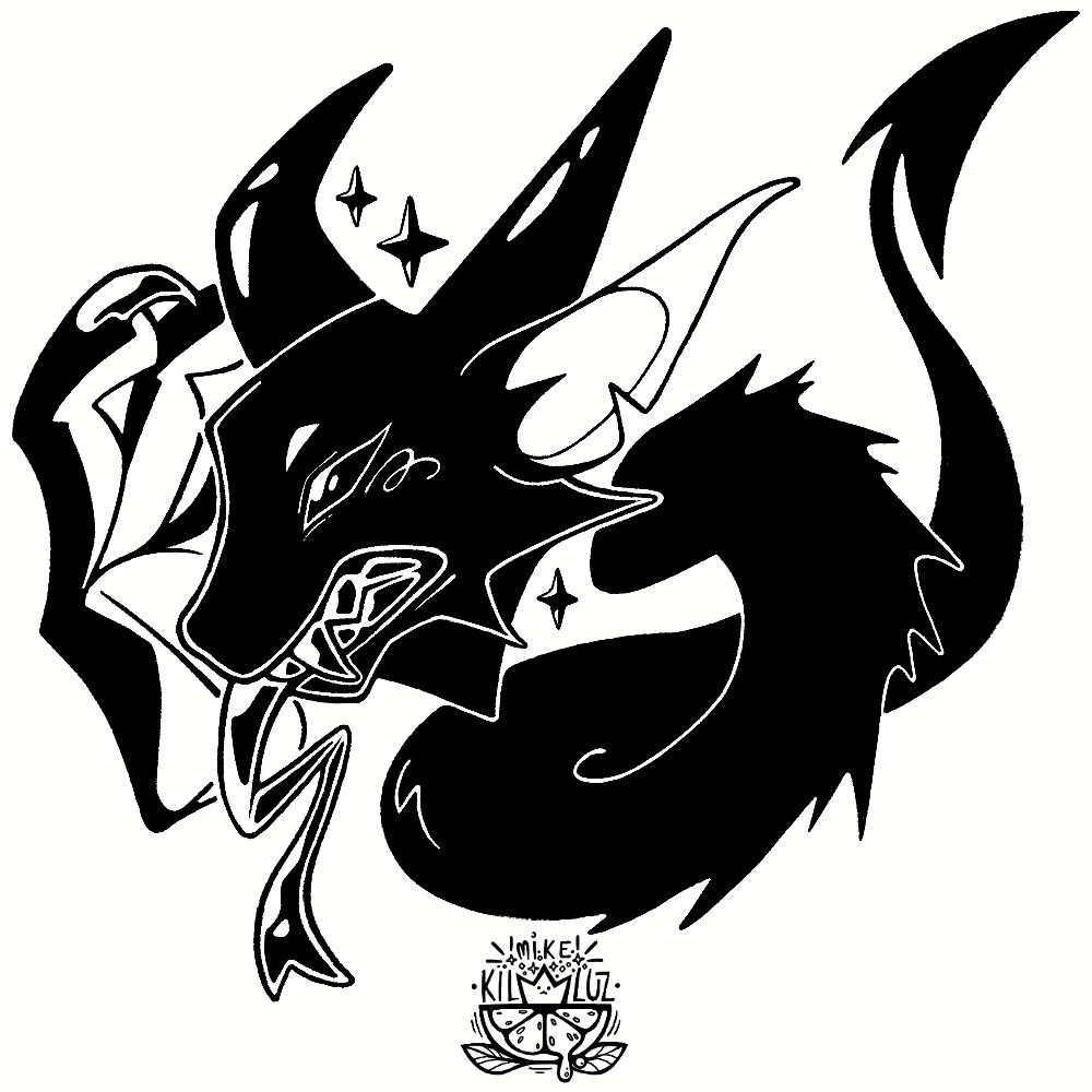 Headshot lineart drawing of a horned creature baring their teeth with their forked tongue out.

#artfight #lineart #horns #creature