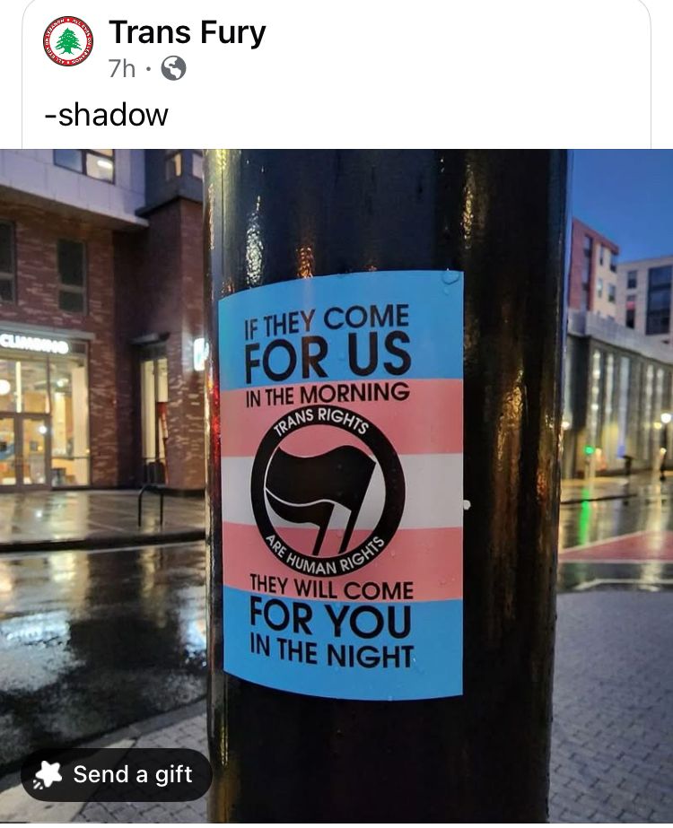 If they come for us I’m the morning, they will come for you in the night. Trans rights are human rights!