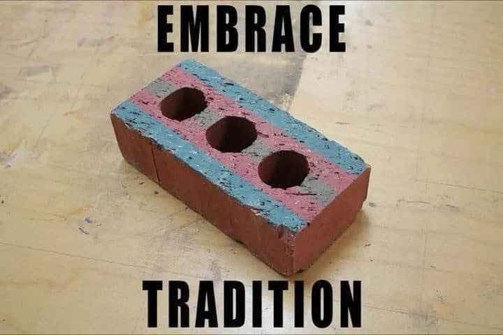 Embrace tradition ( pictures of a brick painted in Transgender colors)