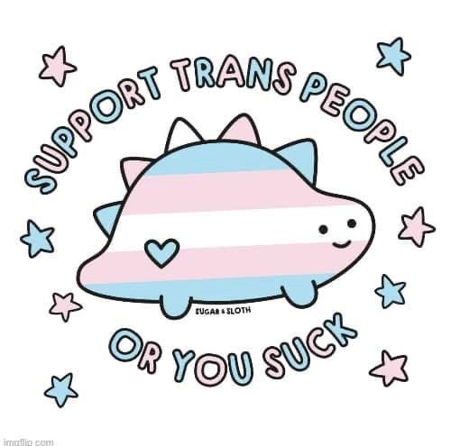 Support Trans people or you suck ( Trans flag colored dinosaur)