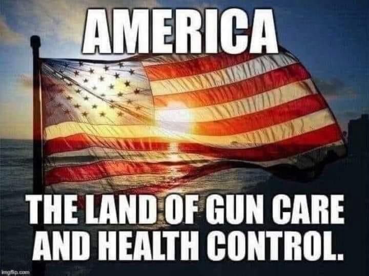 American flag, top text: America bottom text: the land of gun care and health control