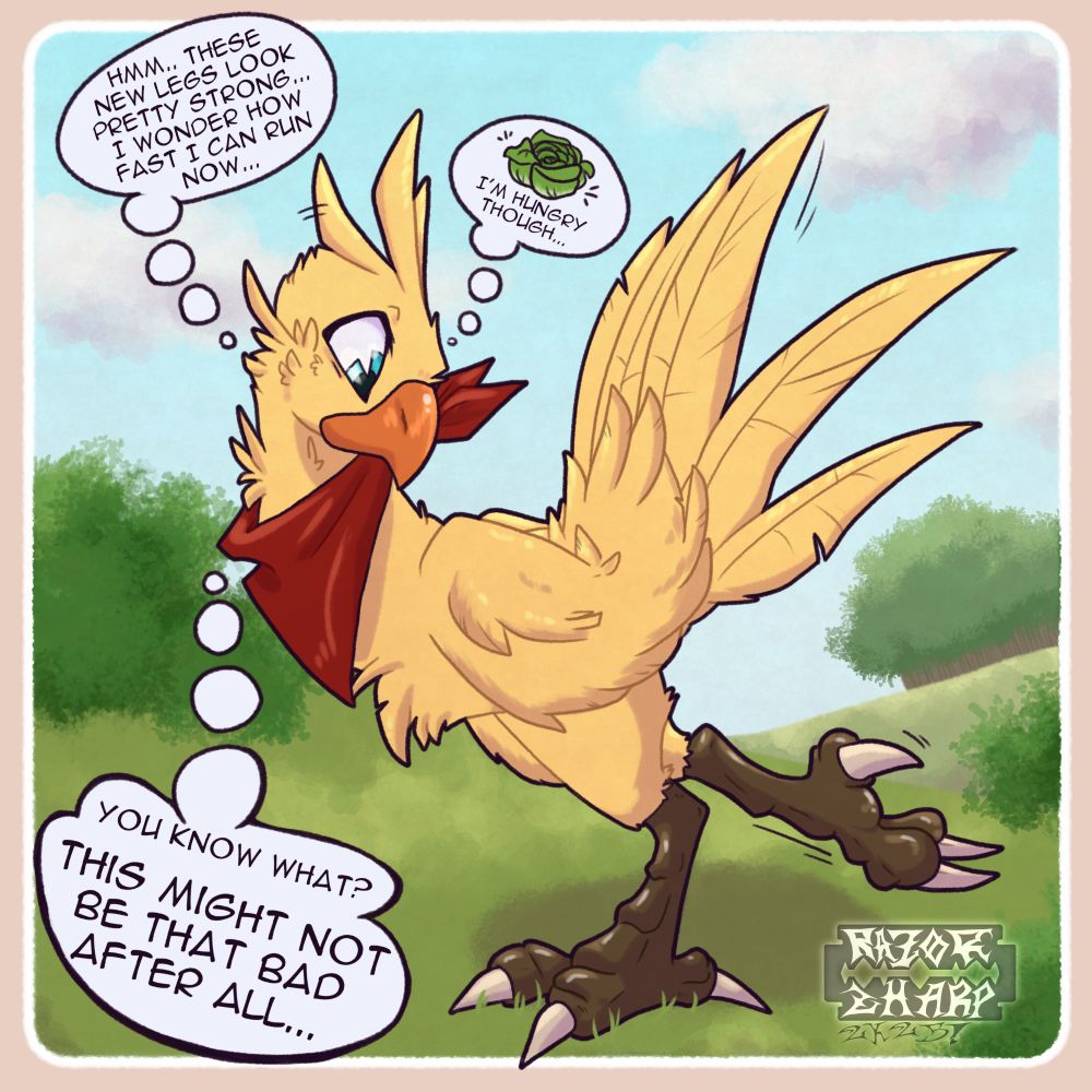 last panel of the transformation sequence. the character is now fully a chocobo, they're looking back at one of their outstretched legs, while standing in a grassy field. there are three thought bubbles that read: "hmm... these new legs look pretty strong... i wonder how fast i can run now...", "i'm hungry though..." written under a doodle of some leafy greens, and "you know what? This might not be that bad after all..."