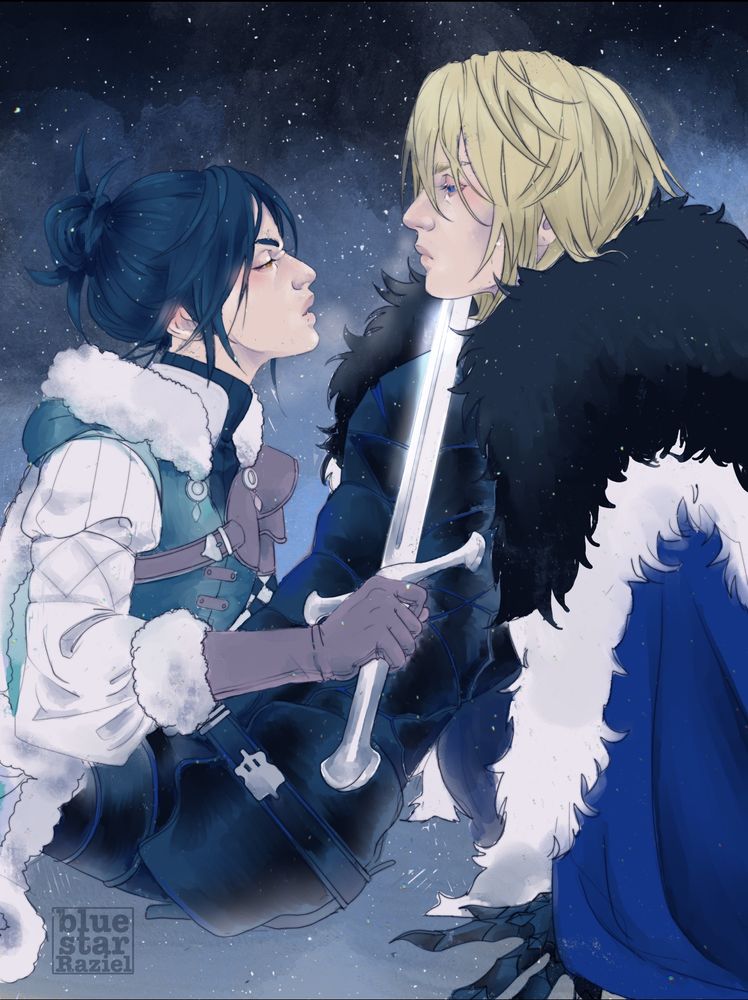 A digital drawing of Felix and Dimitri sitting on the ground; Felix lays between Dimitri’s legs while holding a sword to his throat, a cold and cruel expression on his face. Dimitri’s expression is of mild displeasure but this is the Dimilix version of flirting
