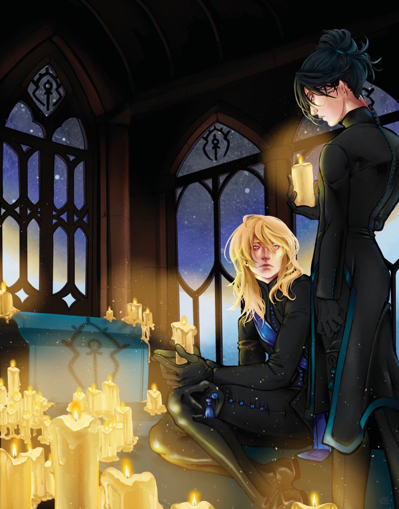 A digital painting of Dimitri and Felix holding a candlelight vigil at Rodrigue’s mausoleum
