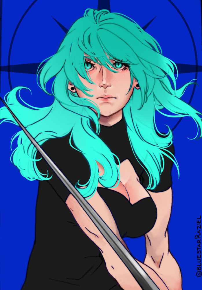 A pencil sketch colored digitally of f!Byleth swinging a sword
