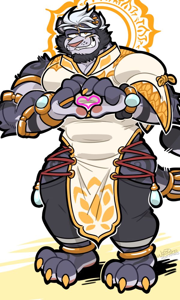 Me, a large muscular anthro purple tiger man, drawn in WizzDono's signature round and cartoony style. I'm wearing a flirty smile while looking at you the viewer with my hands over my chest, fingers making a heart shape. I have white hair, stripes that resemble swirling black ink, and gold nails. I wear a cream yellow and gold garment resembling a cheongsam or an ao dai. I am wearing gold accessories including anklets, an arm cuff on my exposed right arm, rings, two ear cuffs in my left ear, and a halo which resembles a ring of lotus petals.